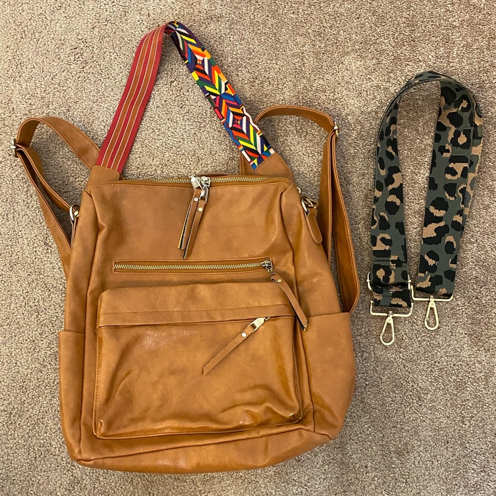 Convertible brown backpack purse with bonus strap